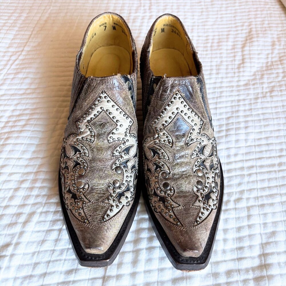 Women's Corral Ivory Inlay Embroidery And Studs Cognac Square Toe Ankle Boots 7